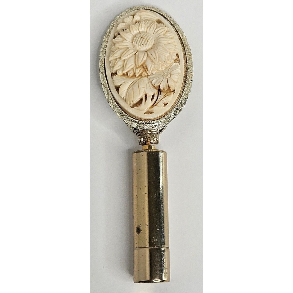 Vintage Lipstick Holder w/ Mirror Flowers Floral Gold Tone Oval